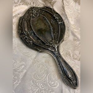 Antique Victorian Art Nouveau Quadruple Plate Floral Repousse 12x7 Hand Mirror
